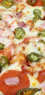 Cheesy pizza with pepperoni and jalapeños in close-up view.