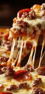 Close-up of a cheesy pepperoni pizza slice being lifted, showcasing gooey cheese.