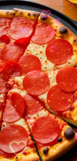 A delicious pepperoni pizza on a tray with a glass of orange juice.