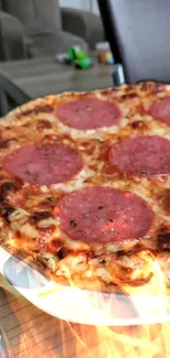 A hot pepperoni pizza with crispy crust and melty cheese.