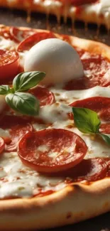 Close-up of pepperoni pizza with cheese and basil leaves.