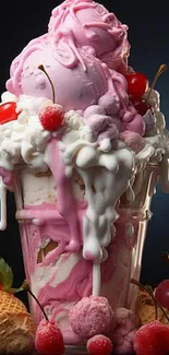 Pink ice cream sundae with cherries and waffle cones, perfect for phone wallpaper.