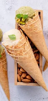 Pistachio ice cream cones with nuts and spoons.