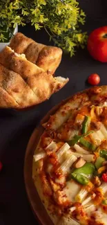 Close-up of a pizza with vegetables and bread on a dark background.