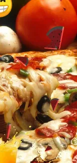 A vibrant pizza with toppings of cheese, tomatoes, and mushrooms.