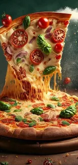 A vibrant pizza slice with melting cheese and fresh toppings.