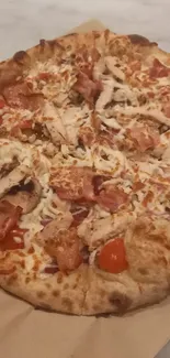 Close-up of a delicious pizza with toppings and a crispy crust.