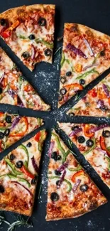 Appetizing pizza slices with vibrant toppings on a dark background.