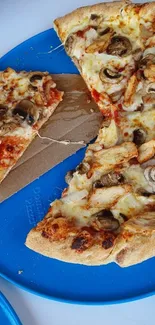 Pizza with mushrooms on blue plate background.