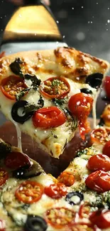 Close-up of a delicious pizza slice with tomatoes and cheese.