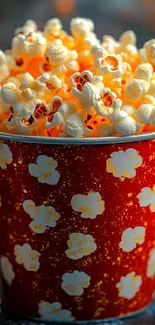 Red popcorn cup filled with popcorn.