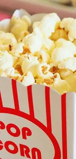 Close-up of popcorn in a classic red-striped box.