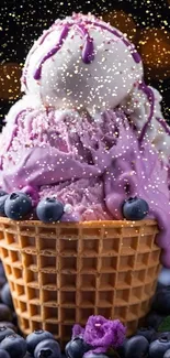 Purple ice cream in waffle cone with blueberries.