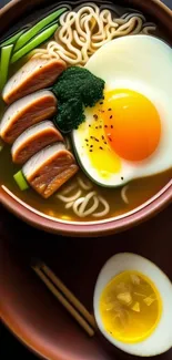 Close-up of a ramen bowl with egg and meat slices, garnished with greens.