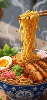 Steaming ramen bowl with noodles, pork, egg, and herbs.