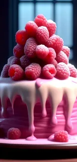 Raspberry-topped pink cake with dripping icing.