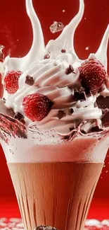 Delicious raspberry and chocolate treat on a vibrant red background.