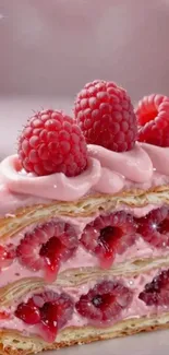 Raspberry cream dessert with pink layers and fresh berries.