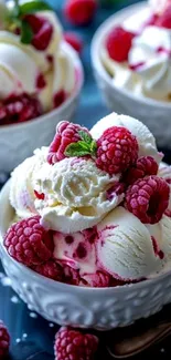 Raspberry ice cream in bowls with fresh raspberries.