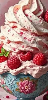 Ornate bowl of whipped cream with raspberries.