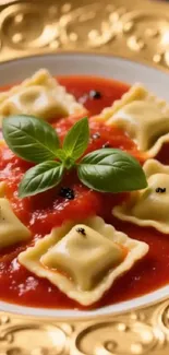 A plate of ravioli with tomato sauce and basil.