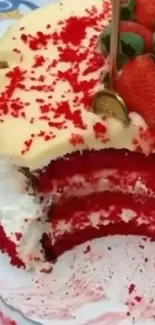 Red velvet cake slice with strawberries on top.