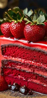 A delightful red velvet cake slice with strawberries on top, ideal for dessert fans.