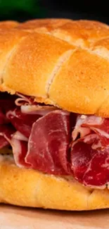 Close-up of a delicious sandwich with cured meats and fresh bread.