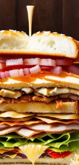 Layered sandwich with cheese and veggies on a wooden background.