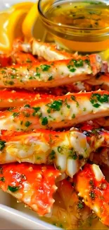 Vibrant crab legs with lemon and herbs on plate.
