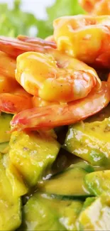 Vibrant shrimp and avocado close-up dish.