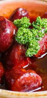 Close-up of a spicy chorizo dish with herbs.