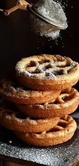 Stack of golden waffles sprinkled with sugar on dark background.