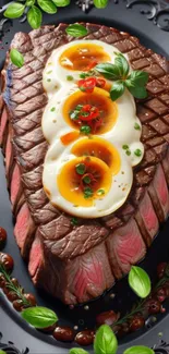 Artistic steak with eggs and garnishes on a plate.