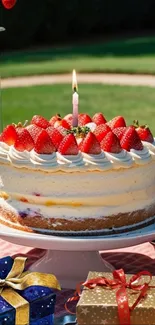 Strawberry cake with cream and lit candle on outdoor table.