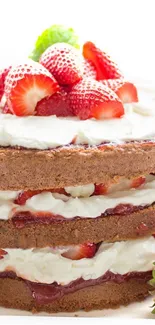 Strawberry layered cake with fresh cream and berries.