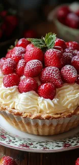 Strawberry cream tart on a decorative plate.