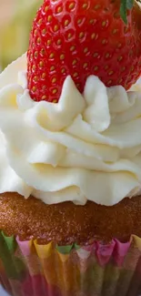A vibrant cupcake with whipped cream and strawberries.
