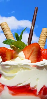 Strawberry dessert with cream against a bright blue sky.
