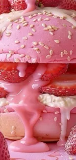 Pink strawberry dessert with cream and macarons.