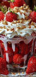 Strawberry dessert with cream and nuts in a glass bowl.