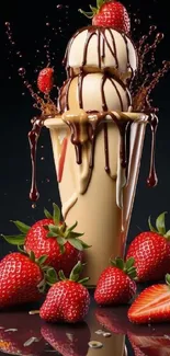 Strawberry ice cream with chocolate drips in a gourmet presentation.
