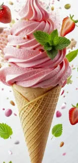 Swirl of pink strawberry ice cream on a cone with fresh berries and mint.