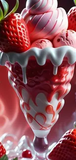 Strawberry ice cream sundae with fresh strawberries and creamy swirls.