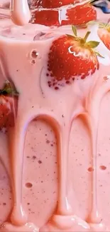 Strawberry smoothie flowing with fresh strawberries in a vibrant design.