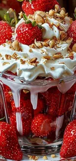 Strawberry sundae with cream and nuts in a glass cup.