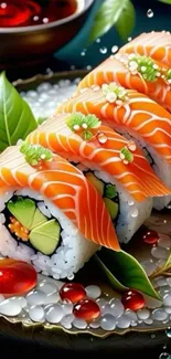 Artistic sushi rolls on a decorative plate.
