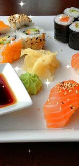Sushi platter with nigiri and rolls on a white plate.