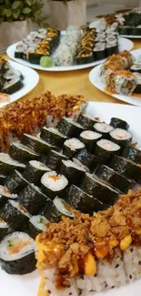 Assortment of sushi rolls on white plates with crispy toppings.