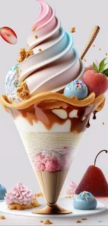 Colorful swirl ice cream treat with fruits and toppings.